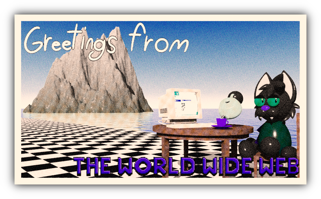 a greeting card of a 3D render of ghost, sitting at a table and pouring tea. 
          The table is on a checkerboard floor, which nearby drops off into a huge, calm ocean. 
          in the distance a mountain is peeking out of the ocean.